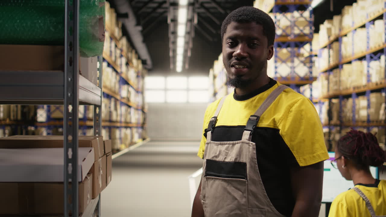 Warehouse worker inspecting cargo on racks in a large scale fulfillment center
