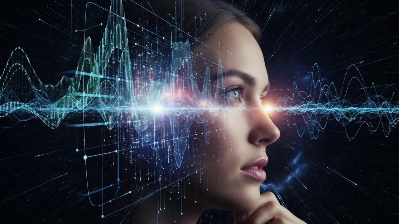 An Enigmatic Portrait of a Thoughtful Woman Surrounded by Vibrant Sound Waves, Merging Art and Technology in a Captivating Visual Display