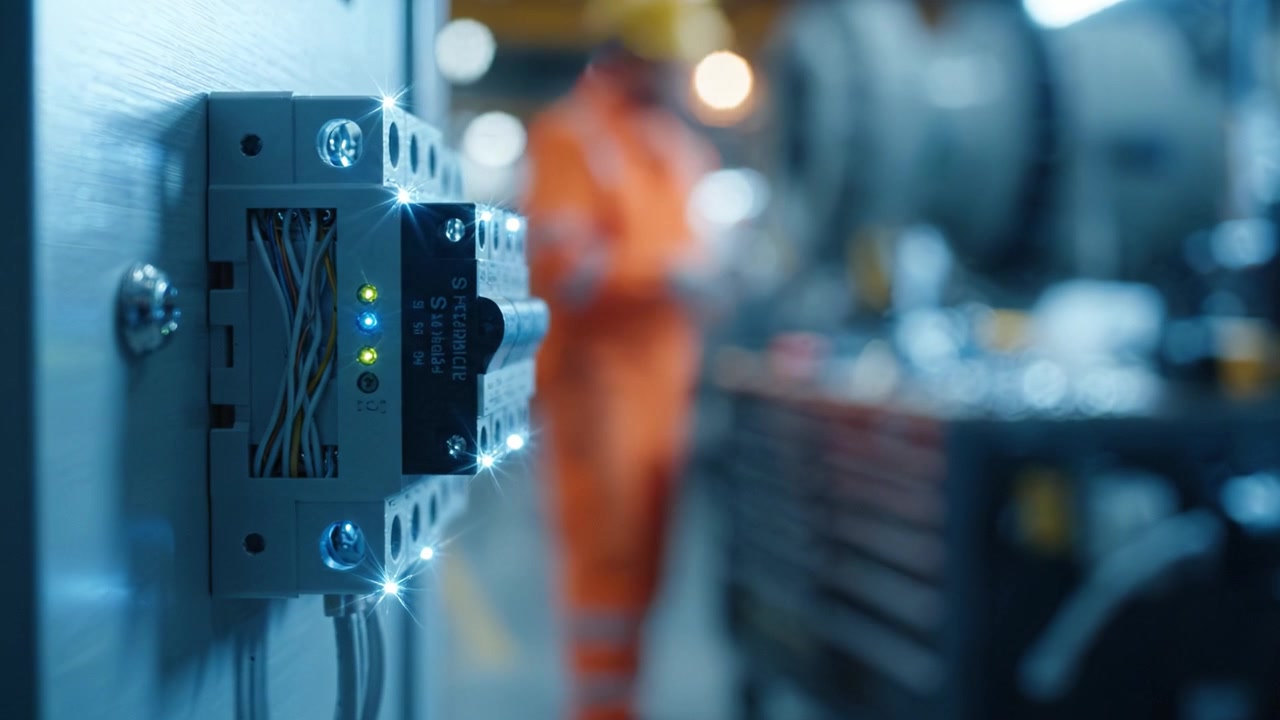 A close-up view of electrical connections and machinery in an industrial setting, highlighting connectivity and operational functionality within a manufacturing environment.