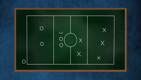 Animation-of-football-game-strategy-drawn-on-green-chalkboard-against-blue-textured-background