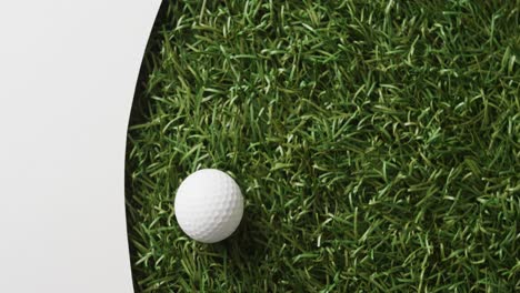 Close-up-of-golf-ball-on-grass-with-white-background,-copy-space,-slow-motion