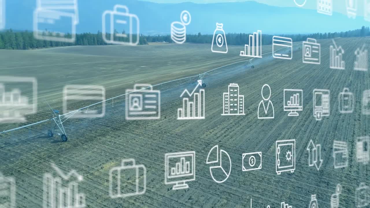 풍경 위에 있는 비즈니스 아이콘의 애니메이션