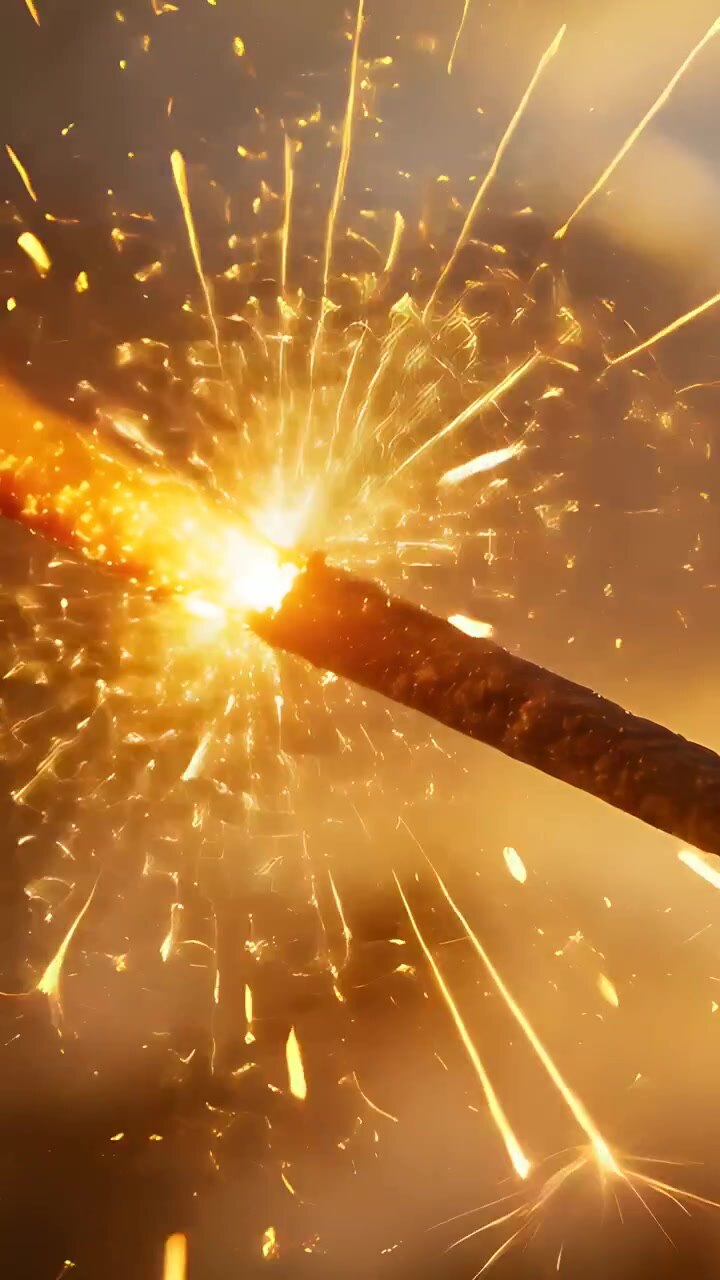 Vertical video: Ignition starting sparkler stick emitting golden sparks in macro view, with embers