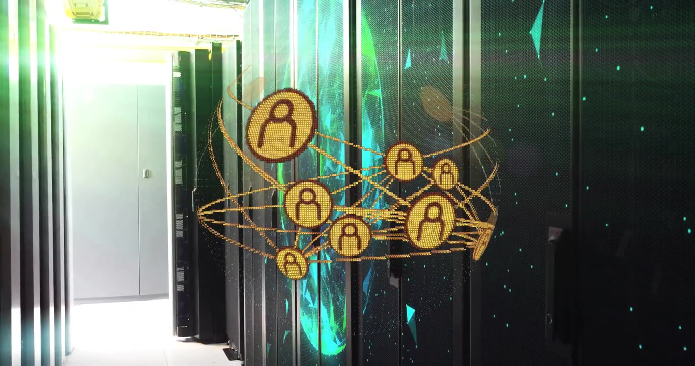All'inizio, una rete di icone utente dorate che si forma in rack, ruotando e crescendo per mostrare la crescita della rete.