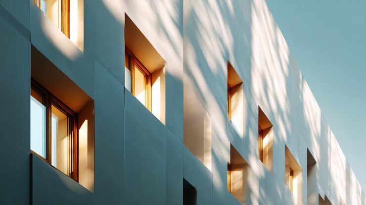 Design architettonico moderno con finestre geometriche illuminate da luce naturale su un cielo luminoso, che mette in risalto il gioco di ombre e texture sulla facciata