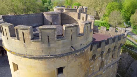 Aerial-View-Of-Turreted-Germans-Gate-Over-Seille-River-In-Metz,-France