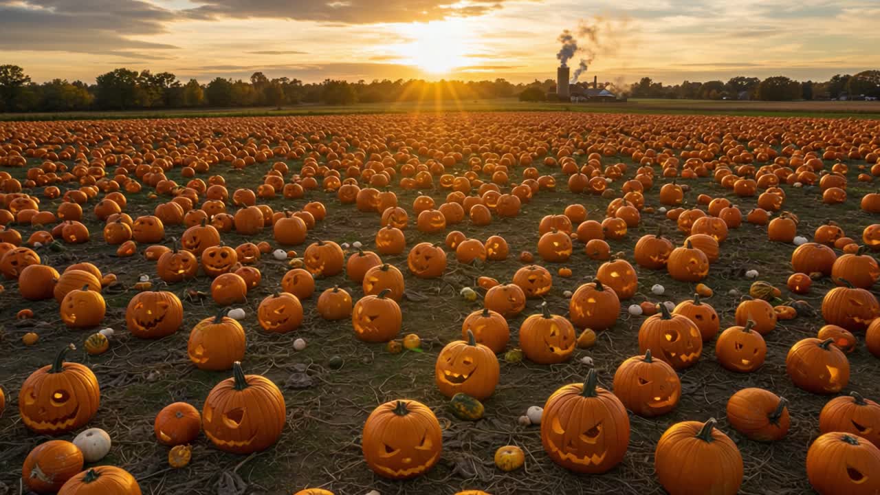 A Captivating Pumpkin Patch at Sunset: A Breathtaking Landscape Filled with Jack-o'-Lanterns Highlighted by the Glowing Sun Illuminating the Autumn Sky