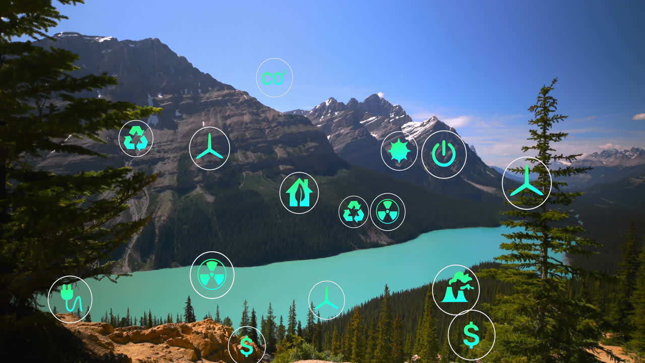Glacial lake and mountain range being visualized in scene, overlaying energy icons in flat design
