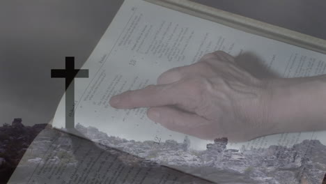 animación de una mujer caucásica leyendo la biblia sobre la cruz y las nubes