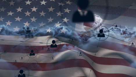 animation of network of connection and icons over usa flag and cloudy sky