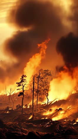 forest fire ravages landscape during sunset in dramatic orange hues
