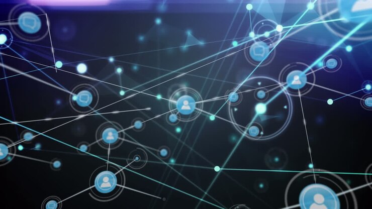 Animation of network of connections with icons and light trails on black background