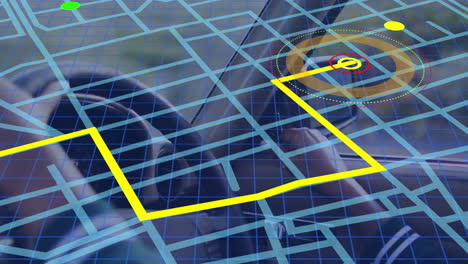 navigation map line scheme over close up of a person adjusting rear view mirrors of his car