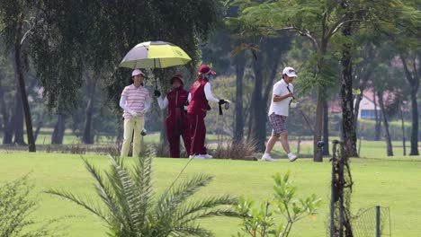 group of golfers walking and talking on a sunny day.