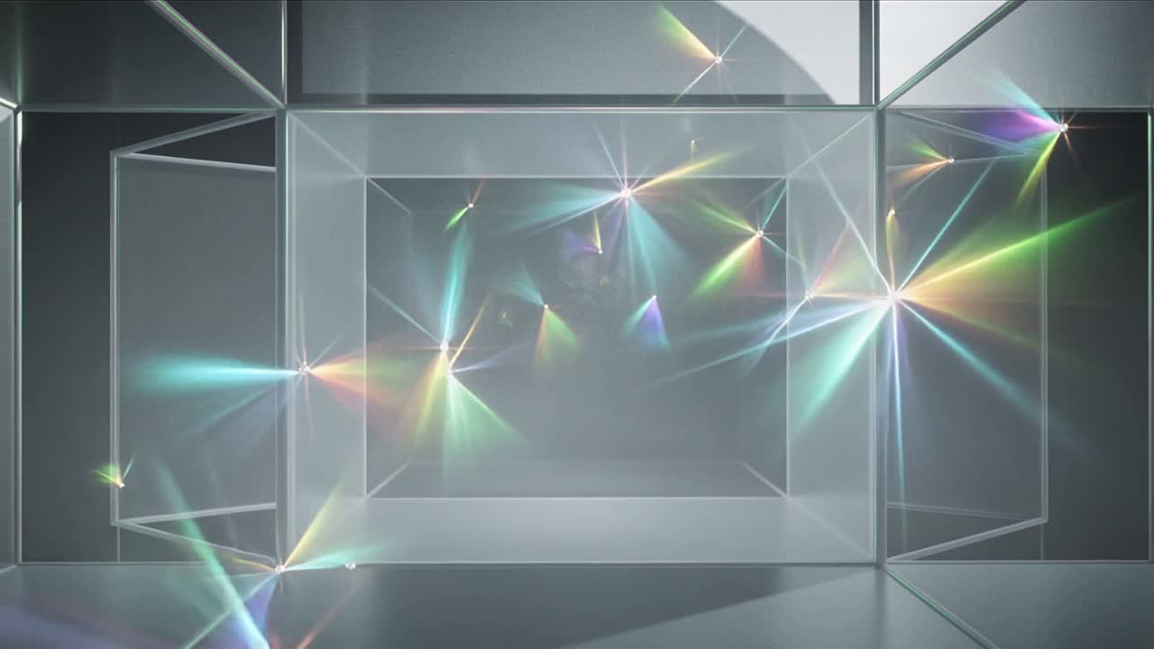 Vertical video: Off-frame beam beaming inward, glass frame filling with orbiting prisms for design