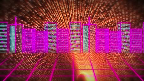 animation of contour skyscrapers over tunnel made of orange lights
