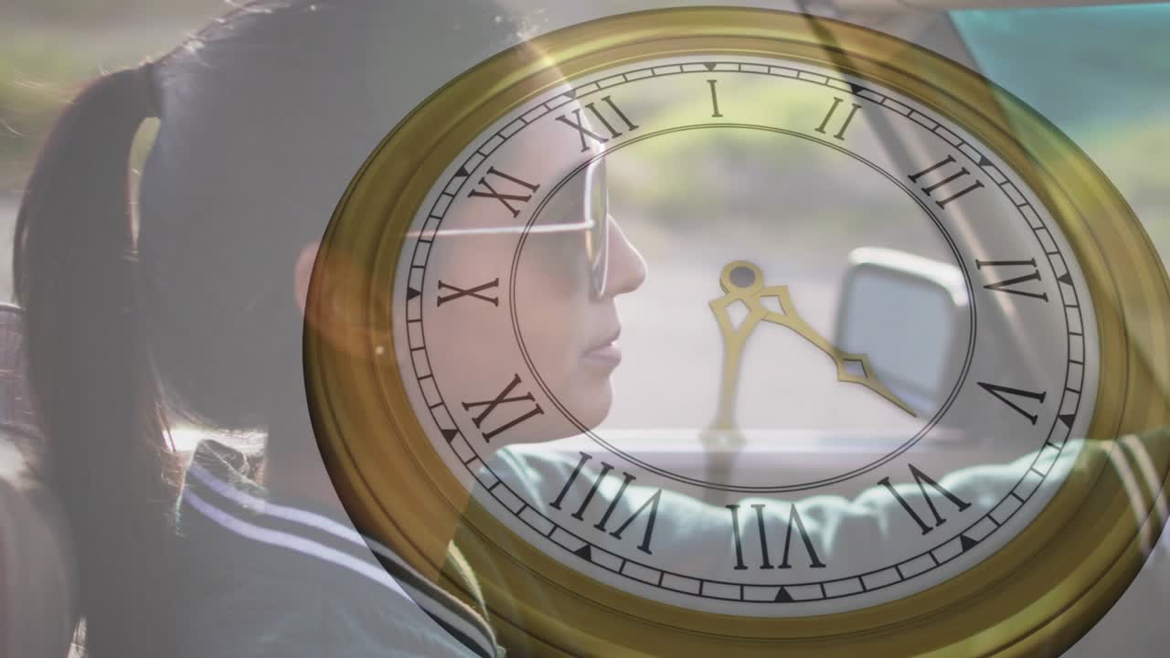 Female driver holding wheel, clock appearing over profile and hands advancing, showing travel time