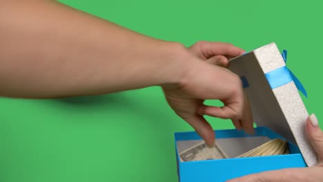 woman giving a gift to a man a box with money chromakey