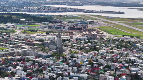 aerial view of downtown reykjavik, iceland, hallgrimskirkja church and central buildings on sunny summer day