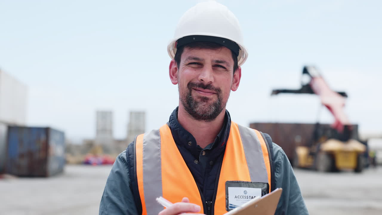 Ingeniero sonriente con sombrero escribiendo en portapapeles en planta industrial