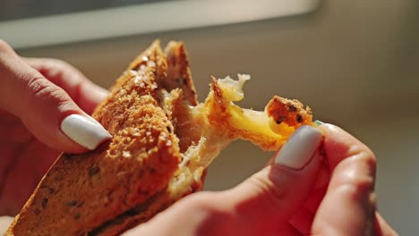 close-up slow motion reveals gooey melted cheese between crispy toasted bread