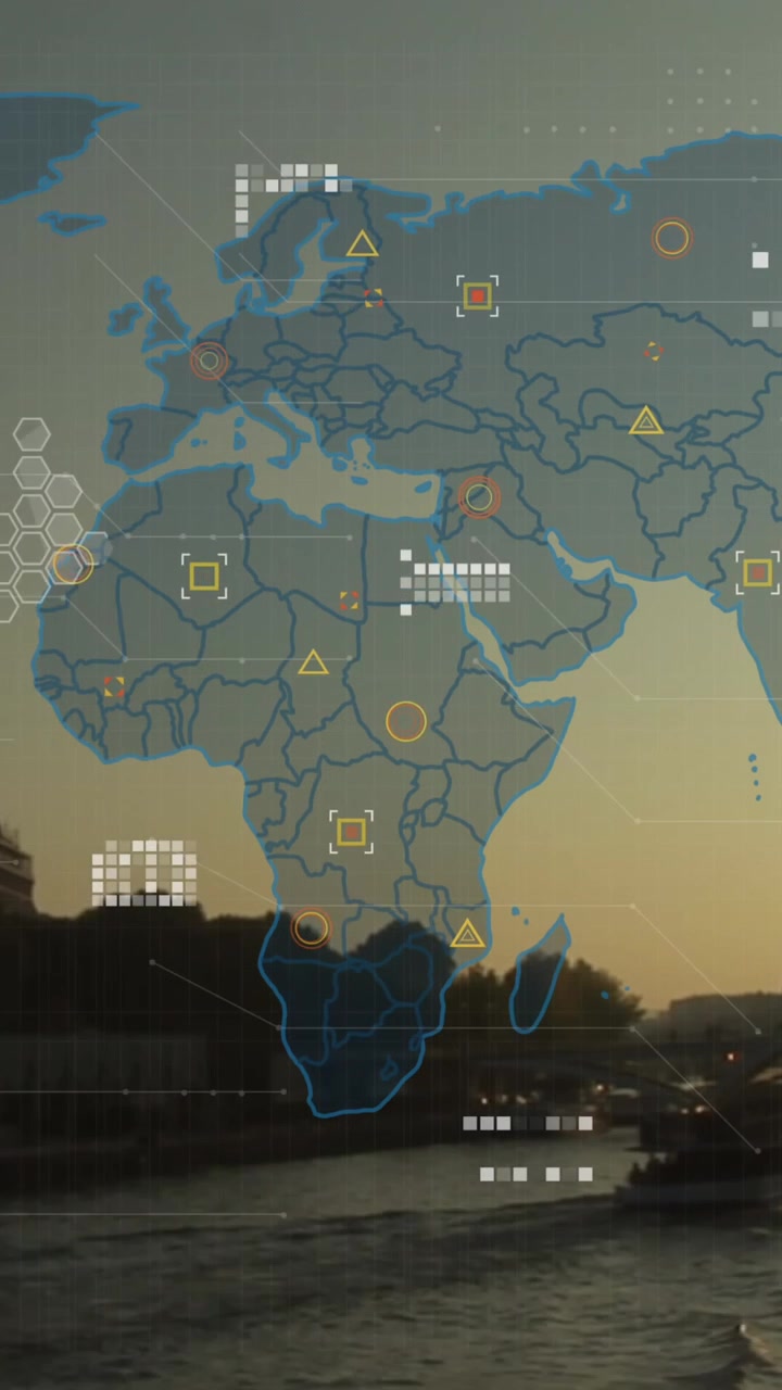Animation of world map and data processing over paris landscape
