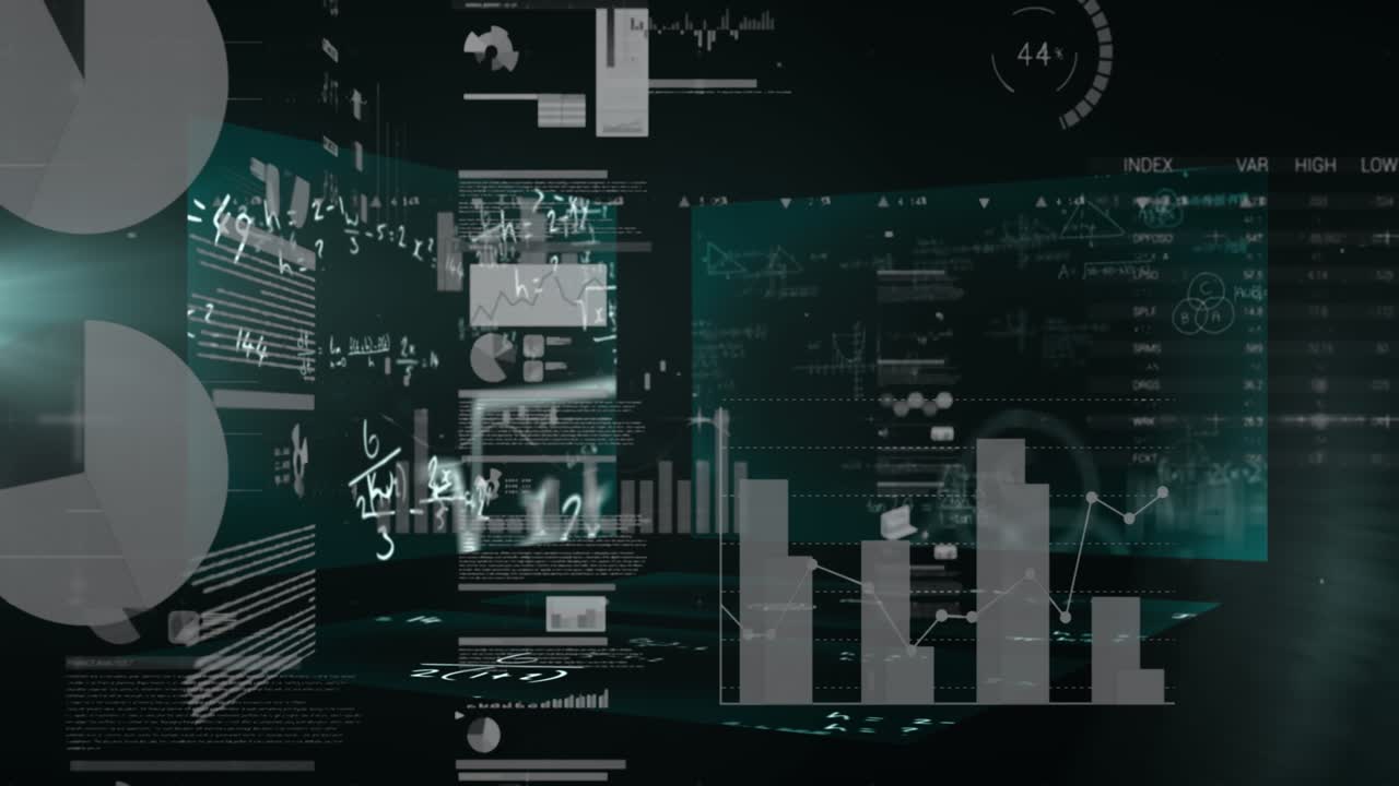 Animasjon av databehandling med matematiske ligninger på svart bakgrunn