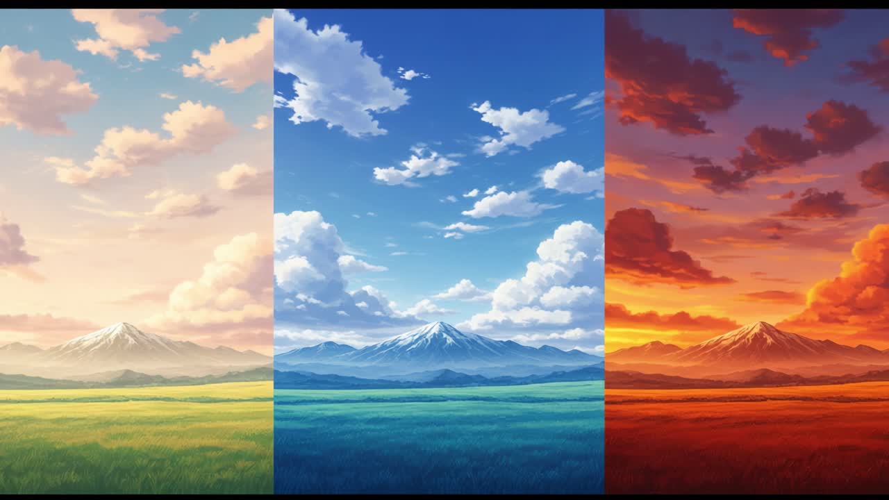 A Stunning Transition Through Colorful Skies: Capturing the Beauty of Mountaintop Landscapes with Changing Atmospheres in Three Distinct Frames