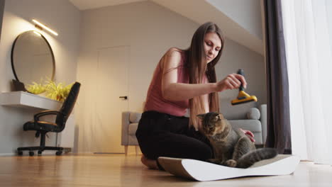 woman grooming her cat on a scratching post