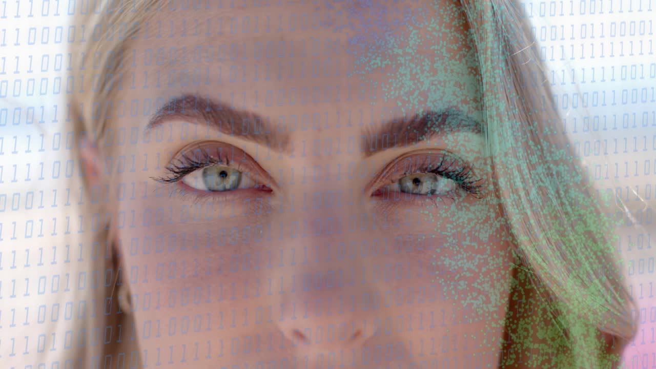 Binary code animation overlaying close-up of woman eyes, focusing on technology