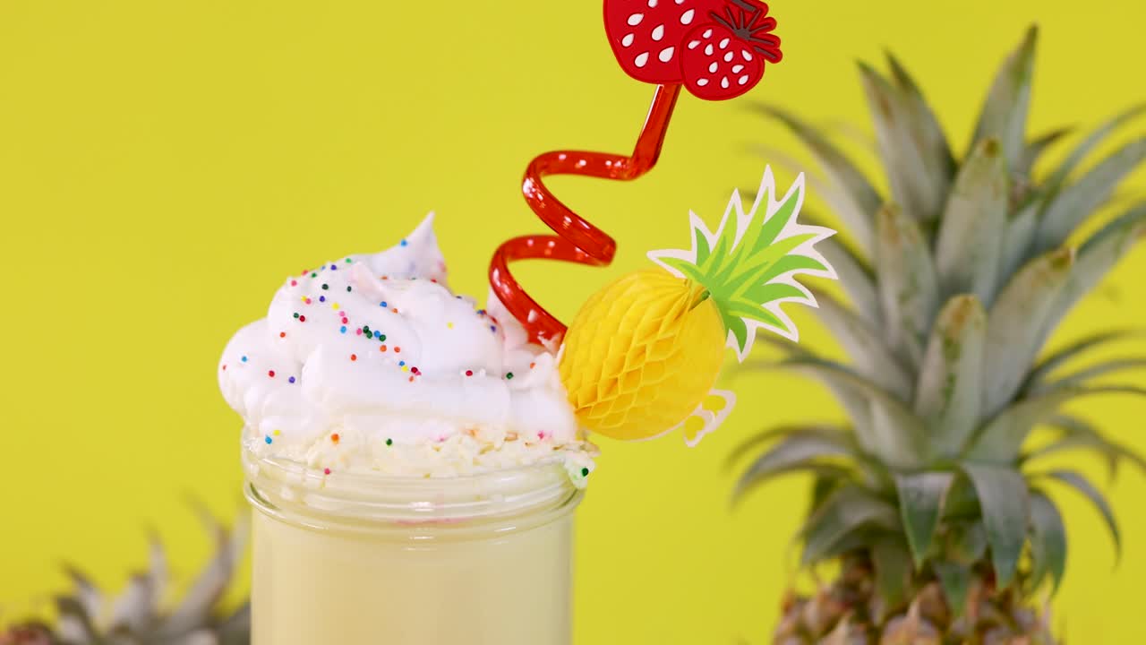 Hand scoops whipped cream from pineapple smoothie in bright, colorful studio with yellow background