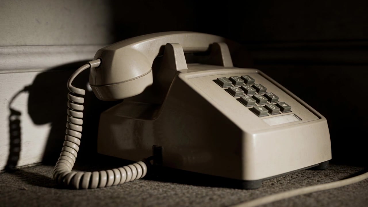Câmera fechando, telefone bege no chão junto ao rodapé, enfatizando a sombra do fio do monofone.