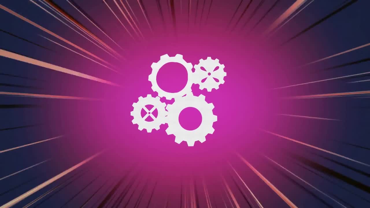 Animation of white rays flickering over white cogs spinning on pink background