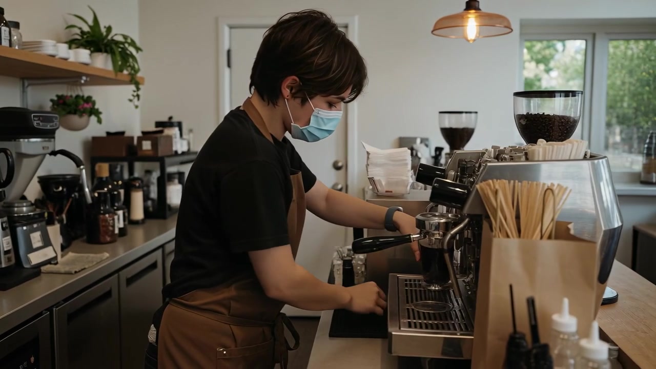 Barista con grembiule e mascherina al bar che, all'arrivo di un ordine, mette la tazza nella borsa, prepara un espresso e sposta la bevanda pronta.