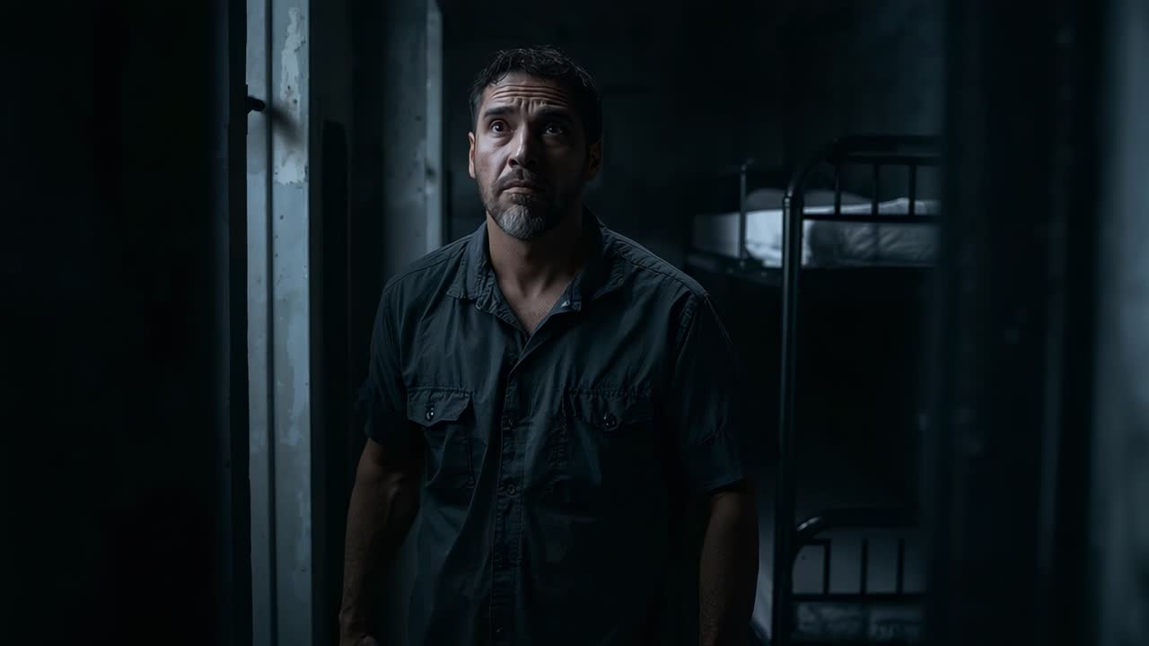 Wearing work shirt, middle-aged man raising head as light from window drawing gaze by dorm bunks