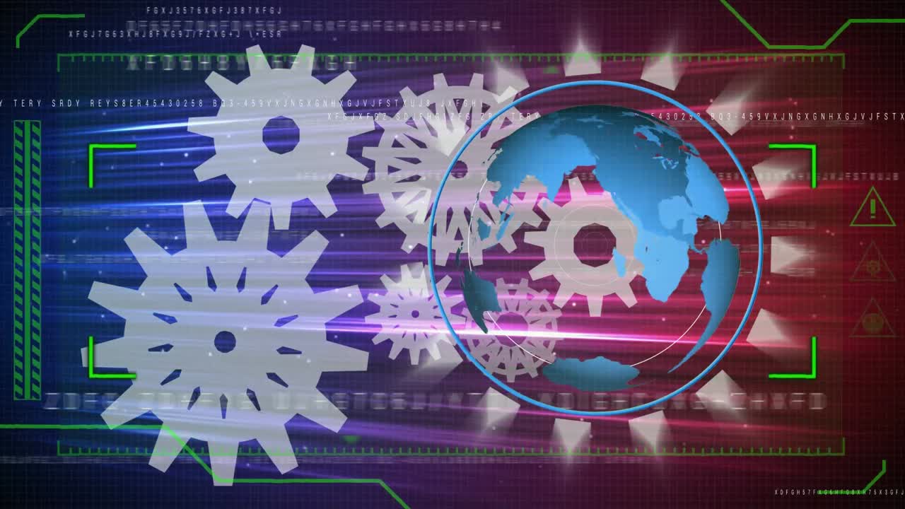 Animation of cogs working with globe spinning and scope scanning on glowing background