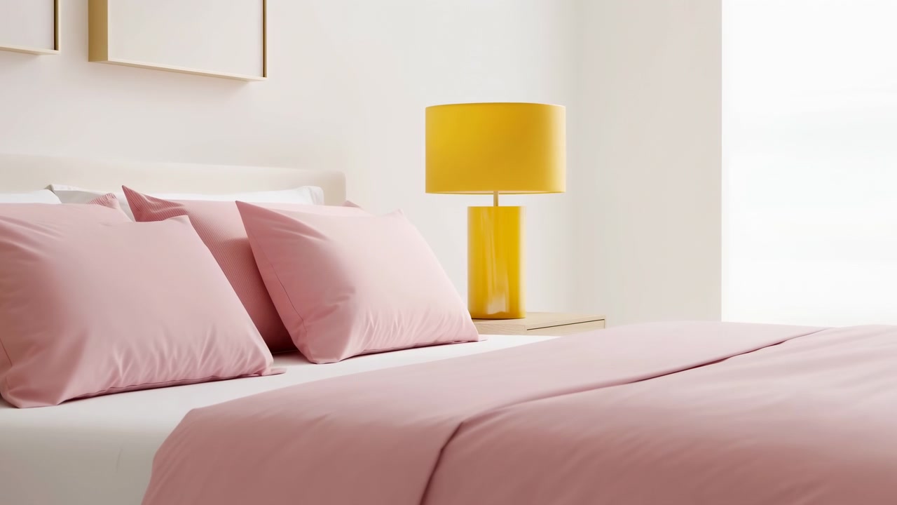 Biancheria da letto rosa, lampada gialla, scena di camera da letto moderna, styling minimalista curato da un interior designer, texture di lino morbide.