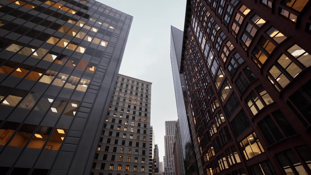 Tramonto su un vivace quartiere finanziario con finestre luminose e un cielo suggestivo