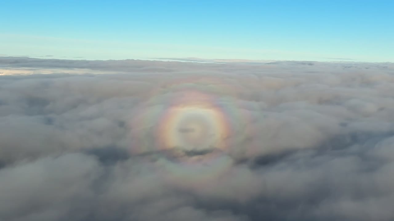 Luftfoto af skyggen af et jetfly inde i en fuld regnbue, set fra venstre side, der flyver over et endeløst lag af stratus-skyer. Anthelion visuel effekt fanget fra cockpittet