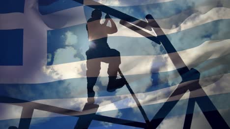 Animación-De-La-Bandera-De-Grecia-Ondeando-Sobre-Un-Soldado-Ejercitándose-Sobre-Una-Cuerda.