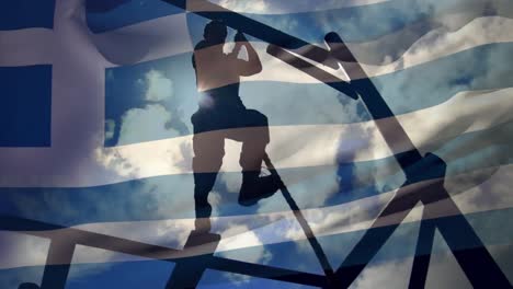 animación de la bandera de grecia ondeando sobre el soldado que hace ejercicio en la cuerda