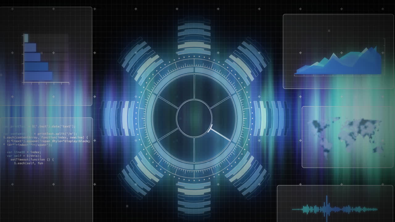 Animation of circular scanner and processing data over blue lights on black background
