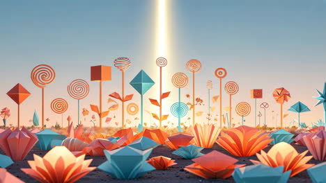 vibrant origami-inspired landscape with light beam