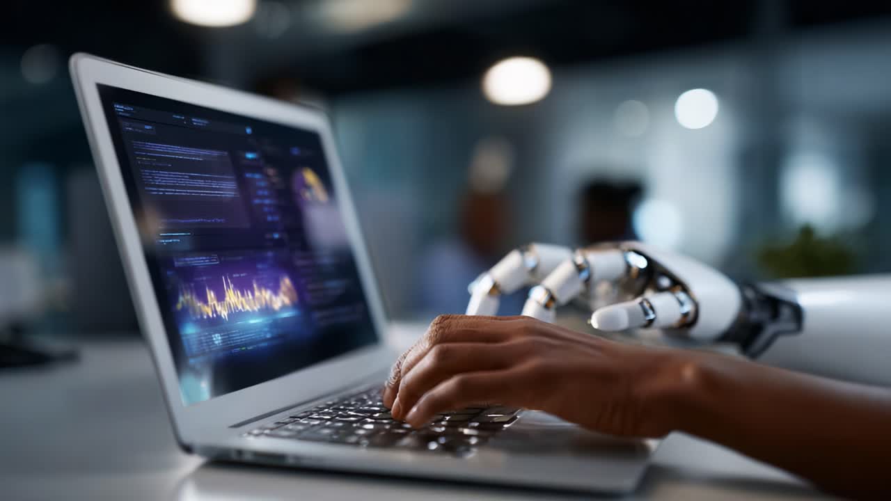 A Robotic Hand Utilizing a Laptop to Interact with Digital Data and Interfaces, Showcasing Advanced Technology in a Modern Workspace Environment