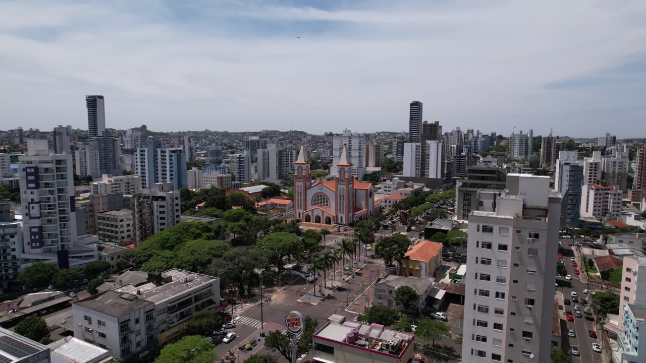 aerial takes of the center of chapec&oacute; santa catarina, passing by the cathedral santo antonio