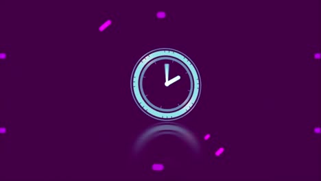 animación de reloj en movimiento y círculos y formas púrpuras sobre la oficina en el fondo