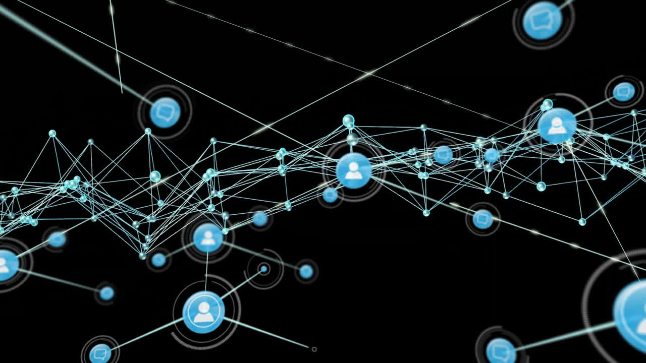 animación de la red de conexiones y procesamiento de datos sobre un fondo negro