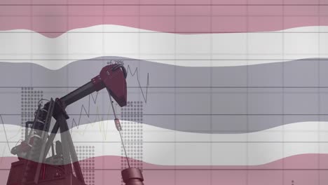 animation of thailand flag and multiple graphs over crane at construction site