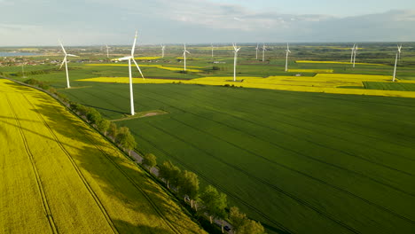 Windturbinenpark-Mit-Grünem-Und-Gelbem-Ackerland-In-Polen,-Antenne