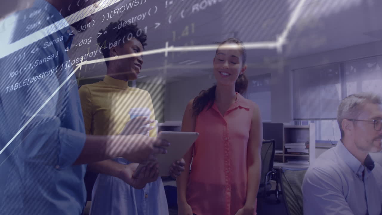Animation of financial data processing over diverse business people working at office